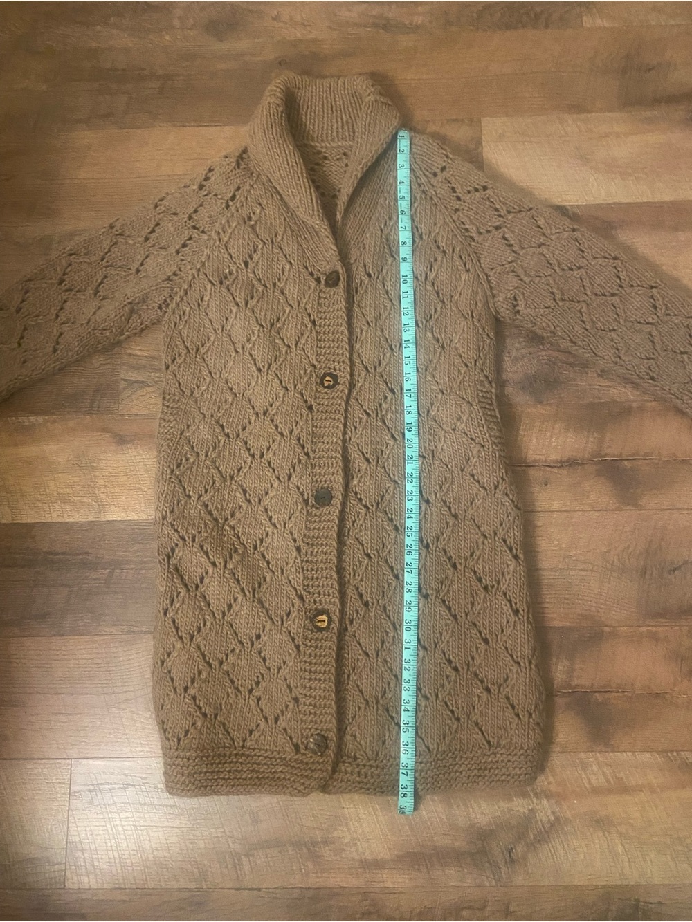 Cozy Open-Knit Shawl Collar Cardigan Sweater - Brown 38 inches long. - Picture 3 of 5